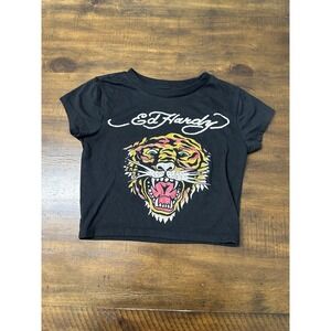 Ed Hardy Tiger Baby Tee Crop Top Black Size Small Y2K Tattoo Graphic Streetwear